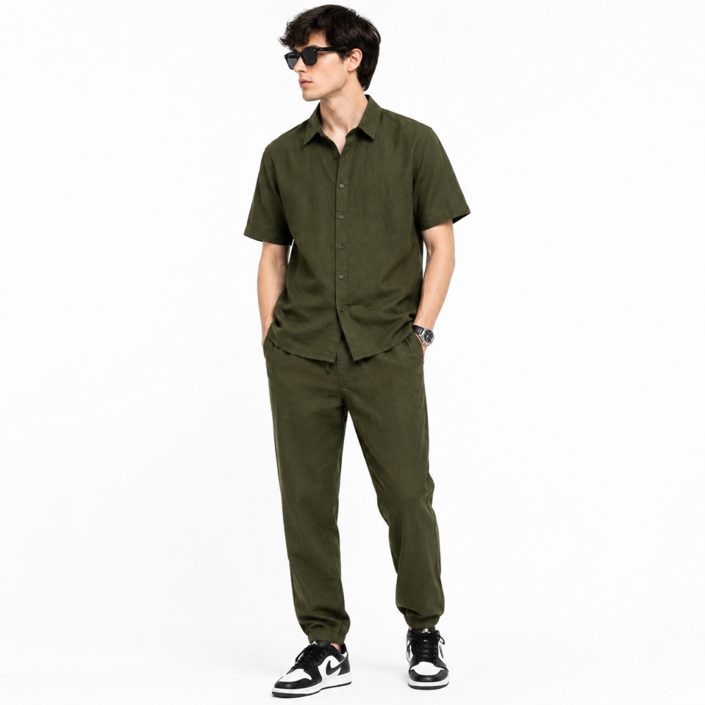 Olive Green Polo Ralph Lauren Linen White Short-Sleeve Shirt & Trousers Co-ord Set