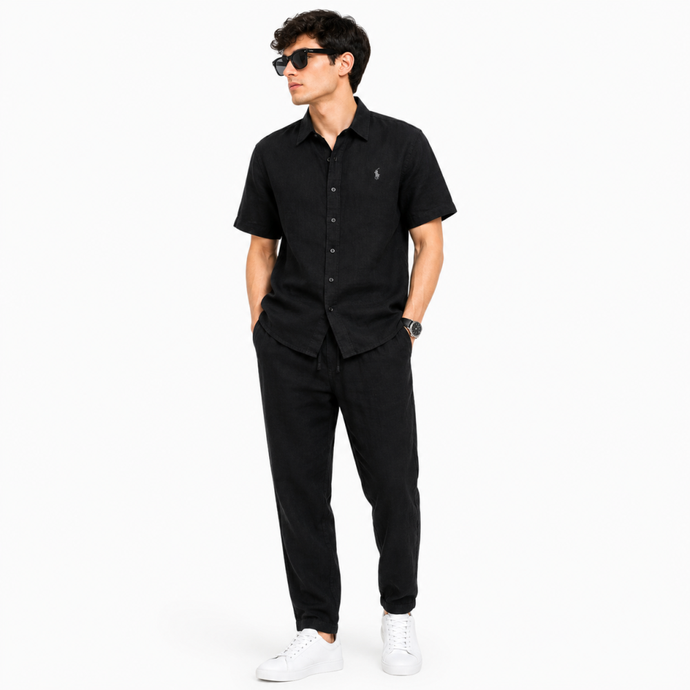 Black Polo Ralph Lauren Linen White Short-Sleeve Shirt & Trousers Co-ord Set