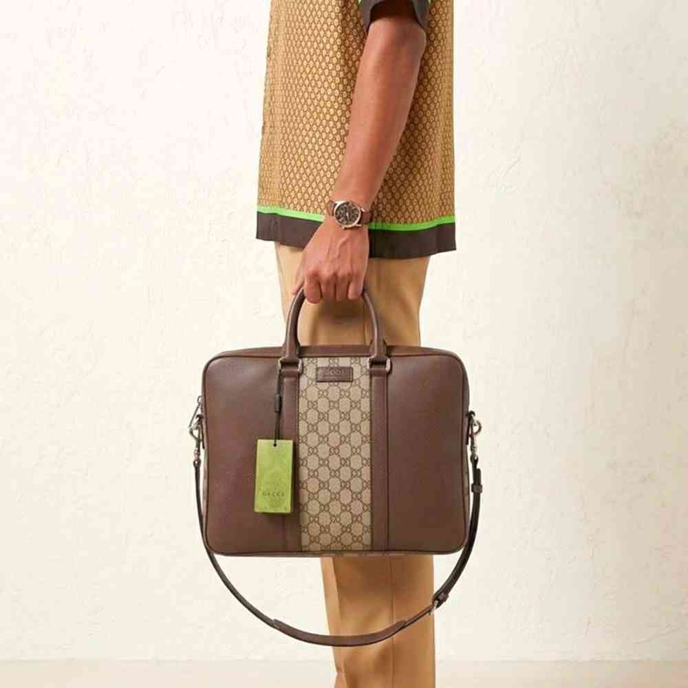Gucci GG Supreme Brown Leather Canvas Briefcase-thumb-0