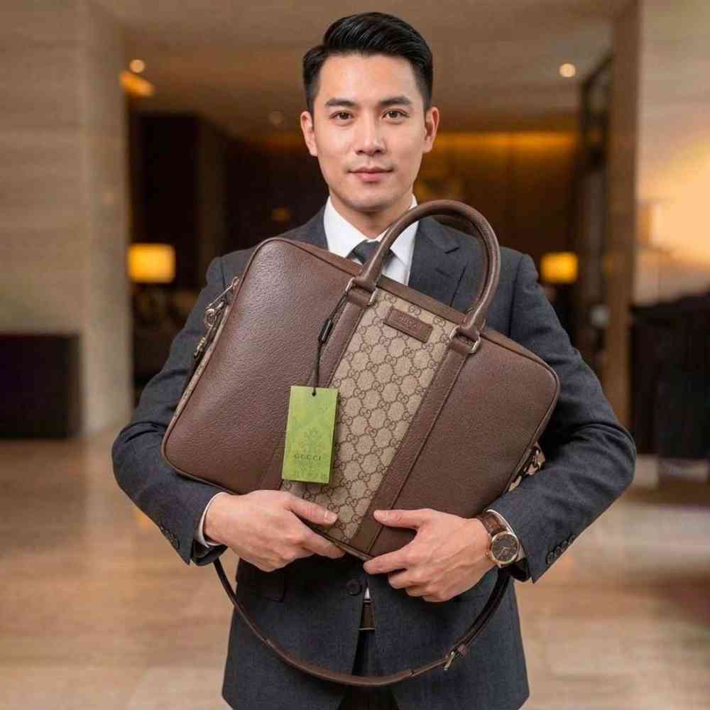 Gucci GG Supreme Brown Leather Canvas Briefcase-thumb-1