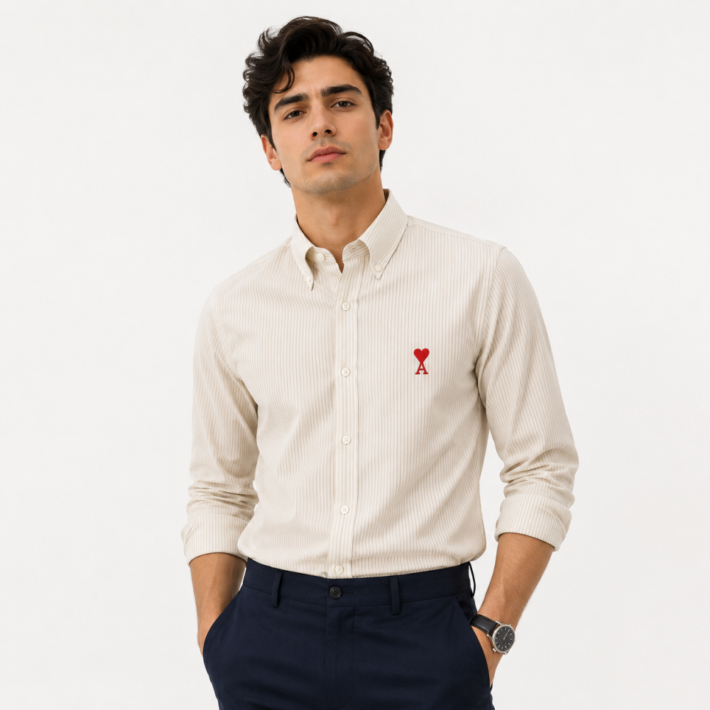Ami Paris Heart Logo Cream Striped Shirt