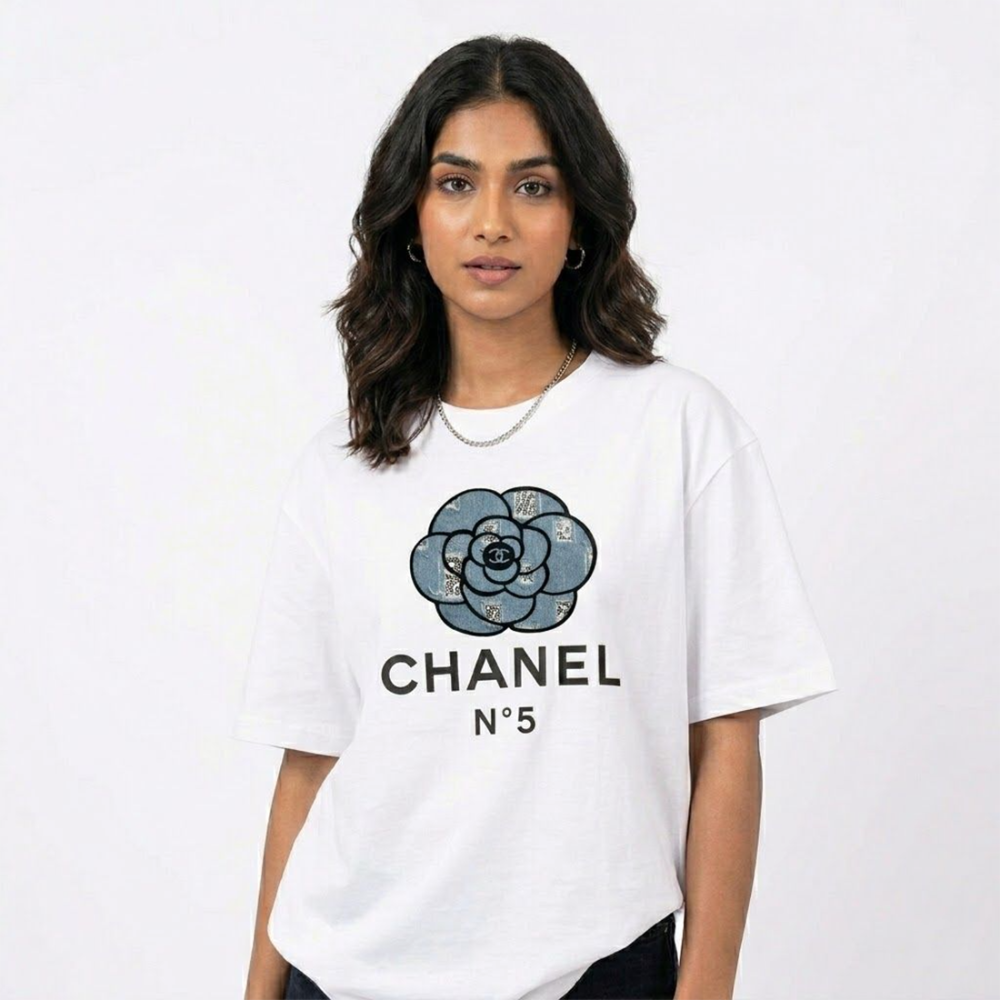 White Chanel Camellia Flower Black Premium Quality T-Shirt