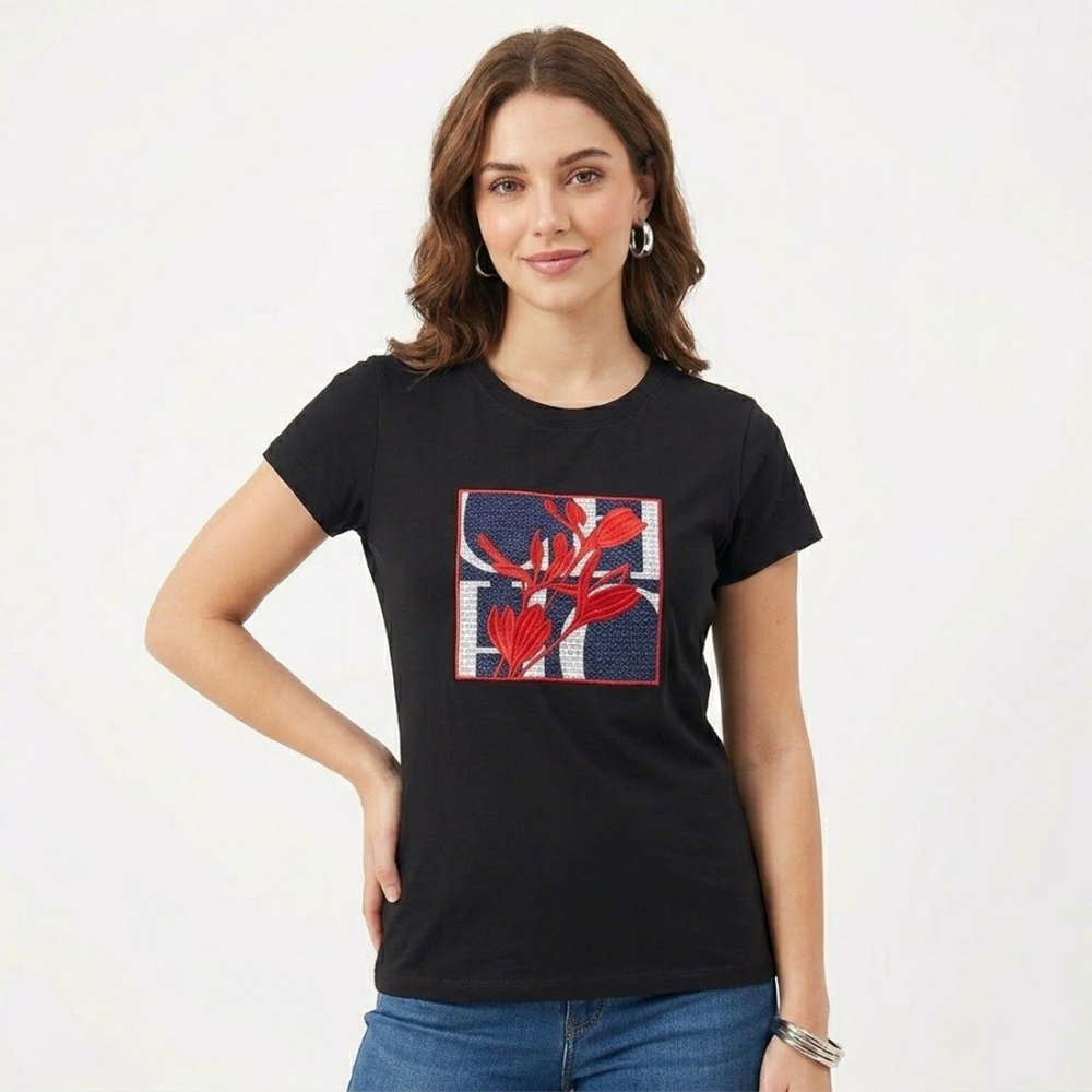 Black Carolina Herrera Jasmine Monogram White Cotton T-Shirt