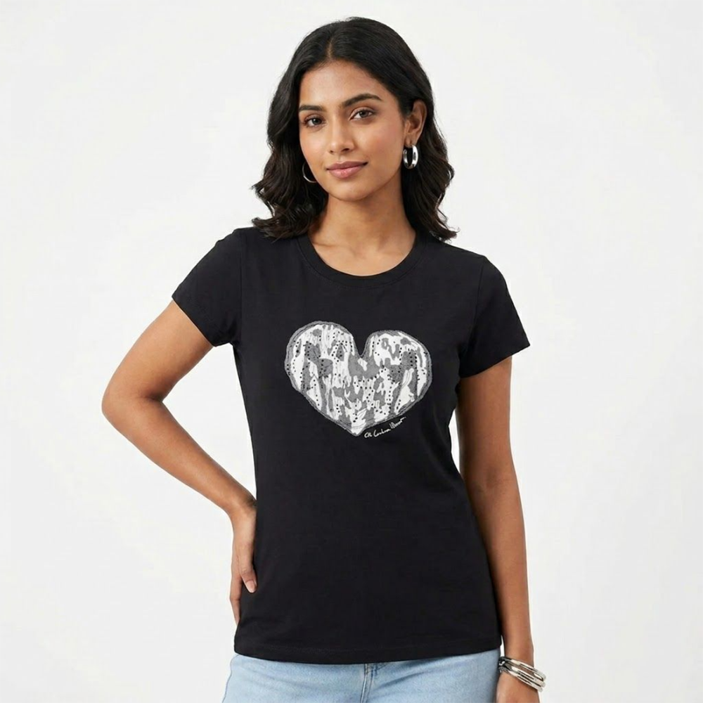 Black Carolina Herrera Heart Print White Cotton T-Shirt