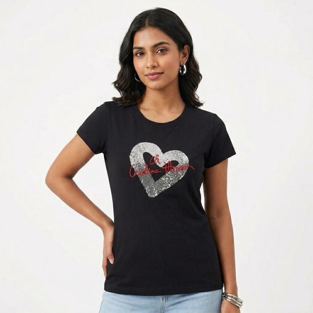 Black Carolina Herrera Sequin Heart White Cotton T-Shirt