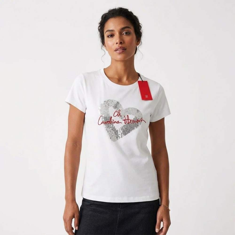 Carolina Herrera Sequin Heart White Cotton T-Shirt