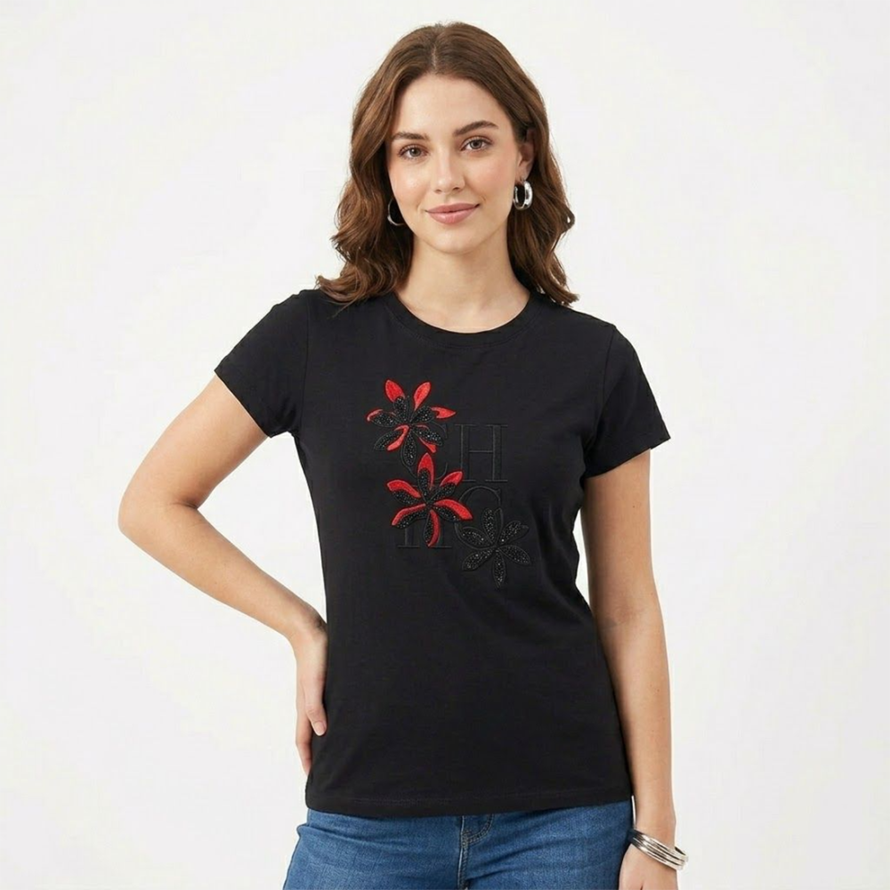 Black Carolina Herrera Floral Logo White Cotton T-Shirt