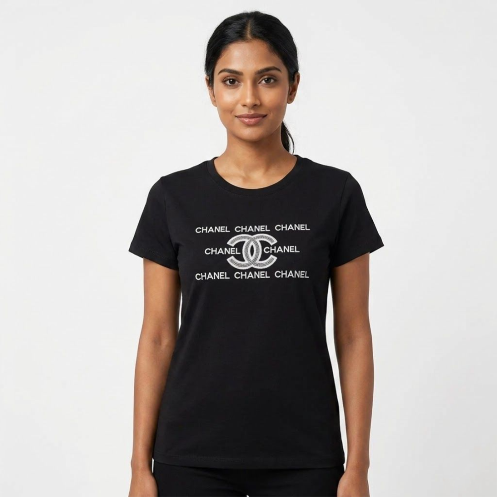 Chanel Triple Row Logo Black Cotton T-Shirt
