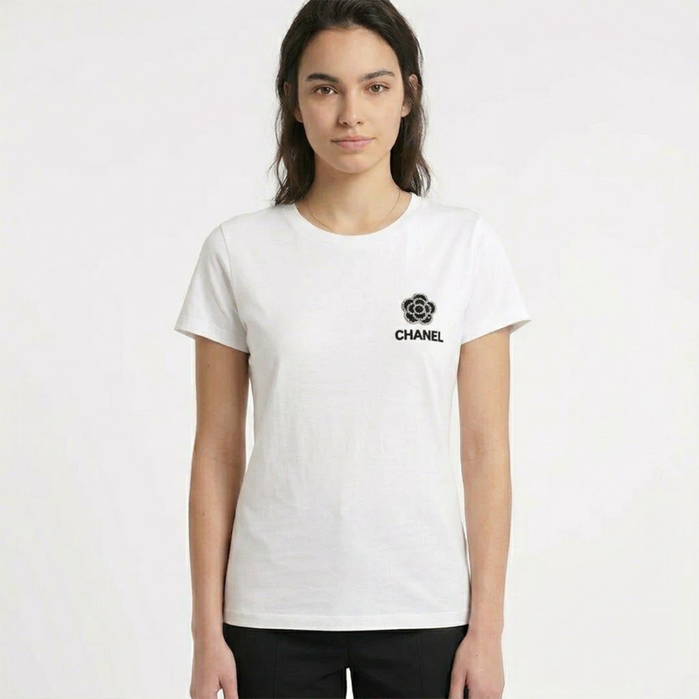 Chanel Camellia Logo White Cotton T-Shirt