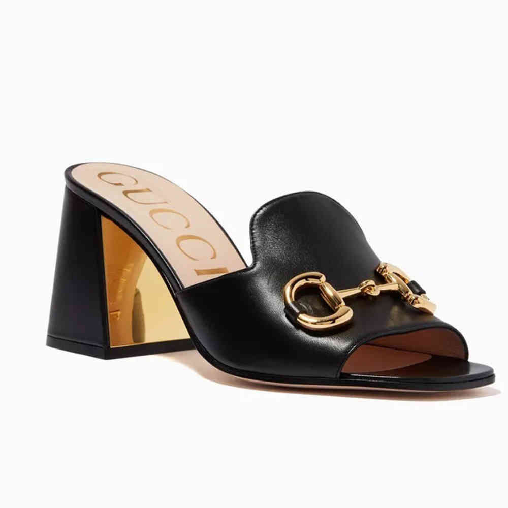 Gucci Black Leather Premium Quality Heel Sandals