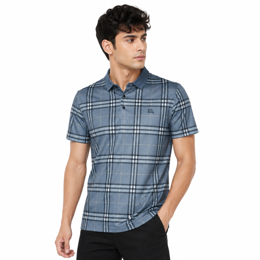 Blue Burberry Brown Check Embroidered Logo Premium Polo T-shirt