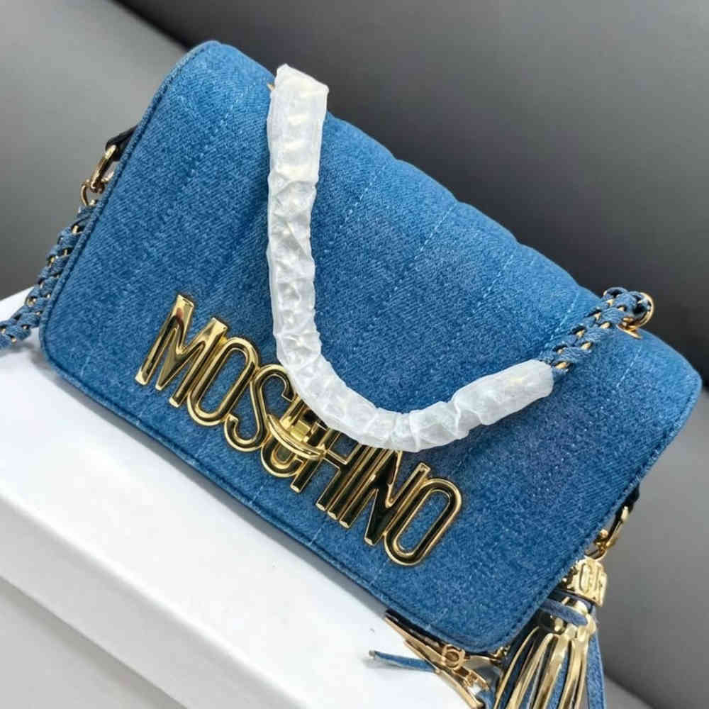 Moschino Quilted Denim Letter Logo Shoulder Bag