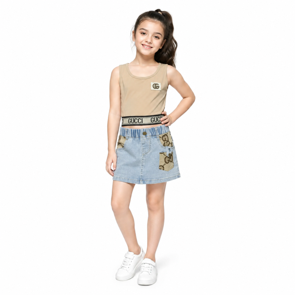 Brown Gucci White Embossed Logo Premium Girls Co-ord Set