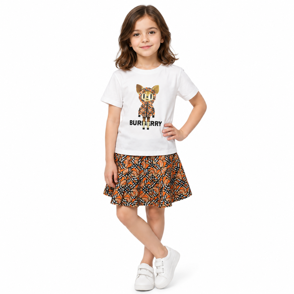 White Burberry Round-Neck Black Premium Girls Co-ord Set
