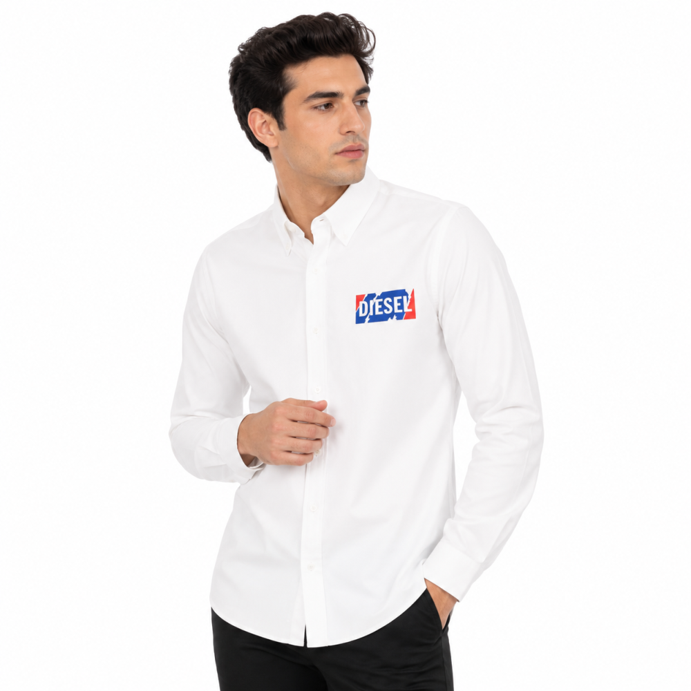 White Diesel Embroidered Black Premium Cotton Shirt