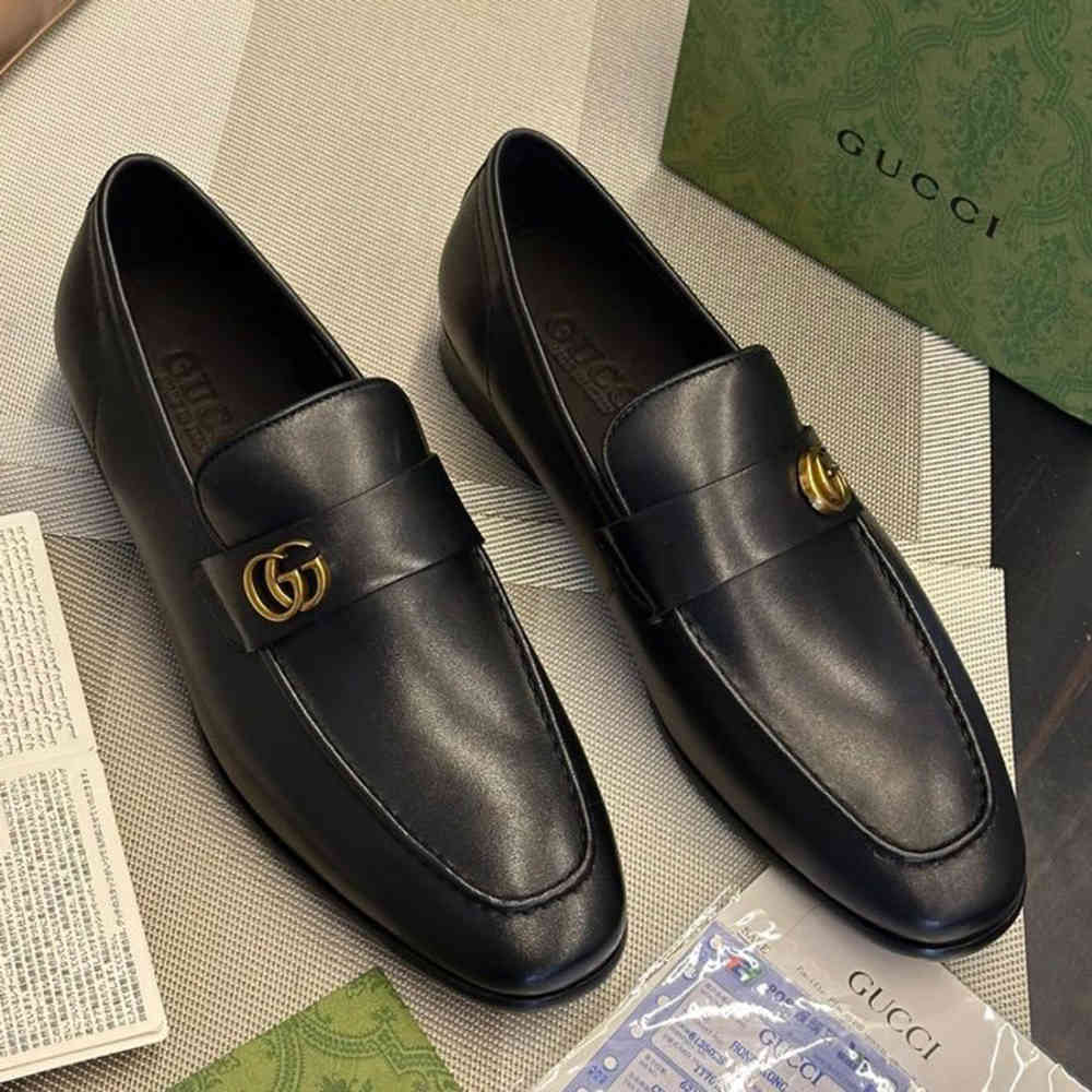 Gucci Double G Black Leather Penny Loafers