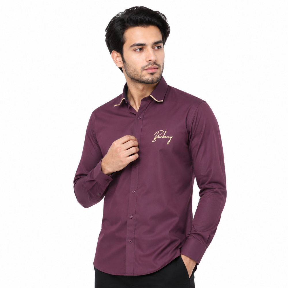 Wine Burberry Embroidered Blue Cotton Premium Shirt