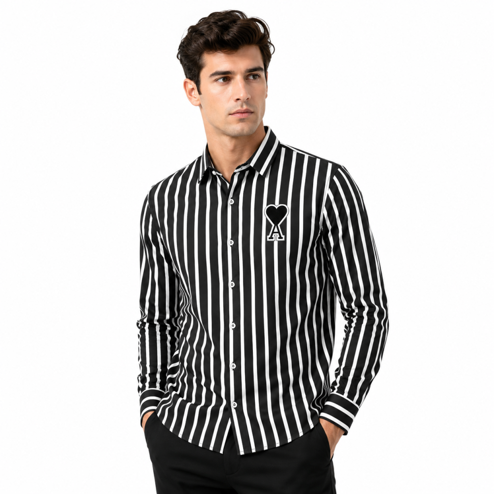 Black Ami Paris Heart Logo Blue Striped Shirt