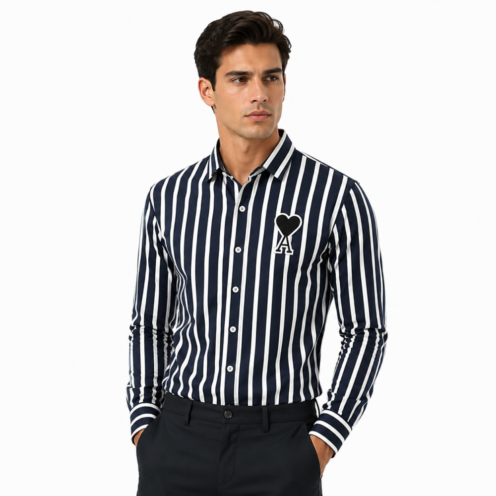 Ami Paris Heart Logo Blue Striped Shirt