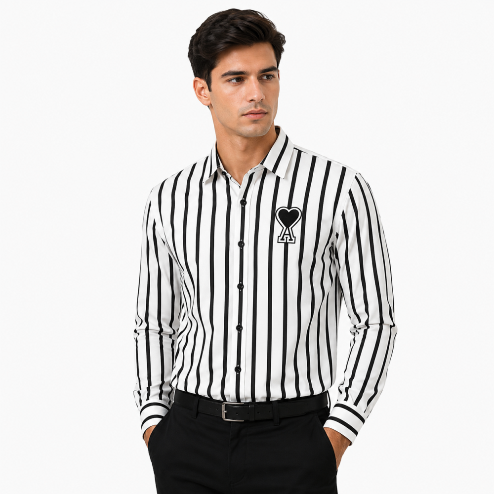 White Ami Paris Heart Logo Blue Striped Shirt