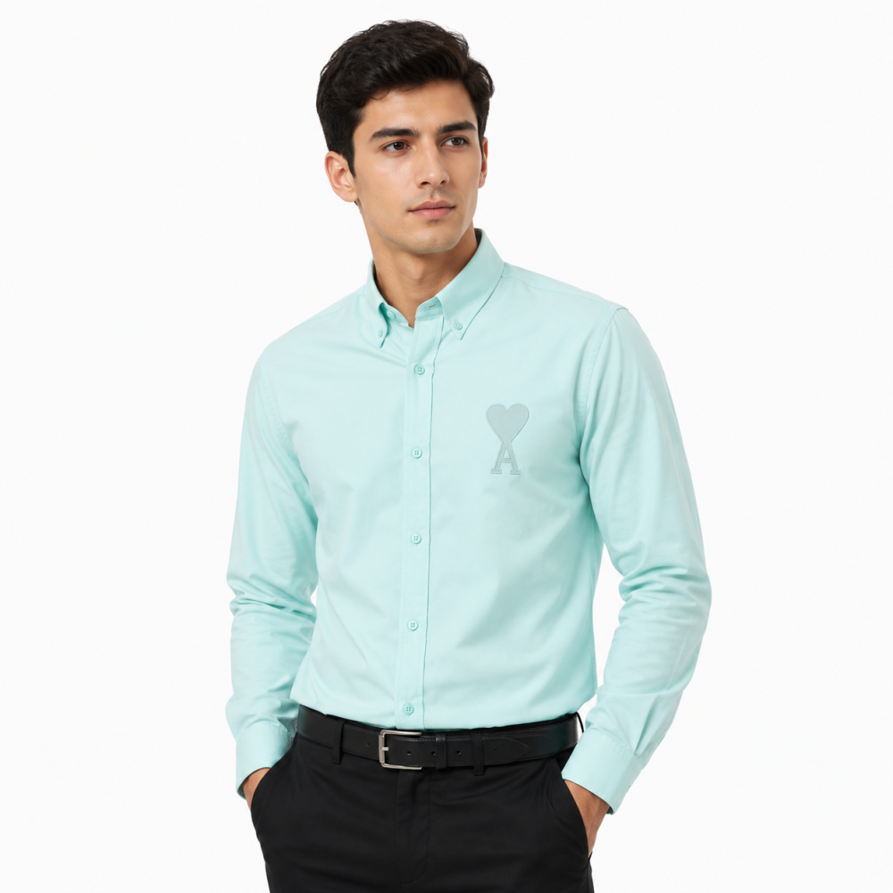 Sky Blue Ami Paris Heart Logo Purple Striped Shirt