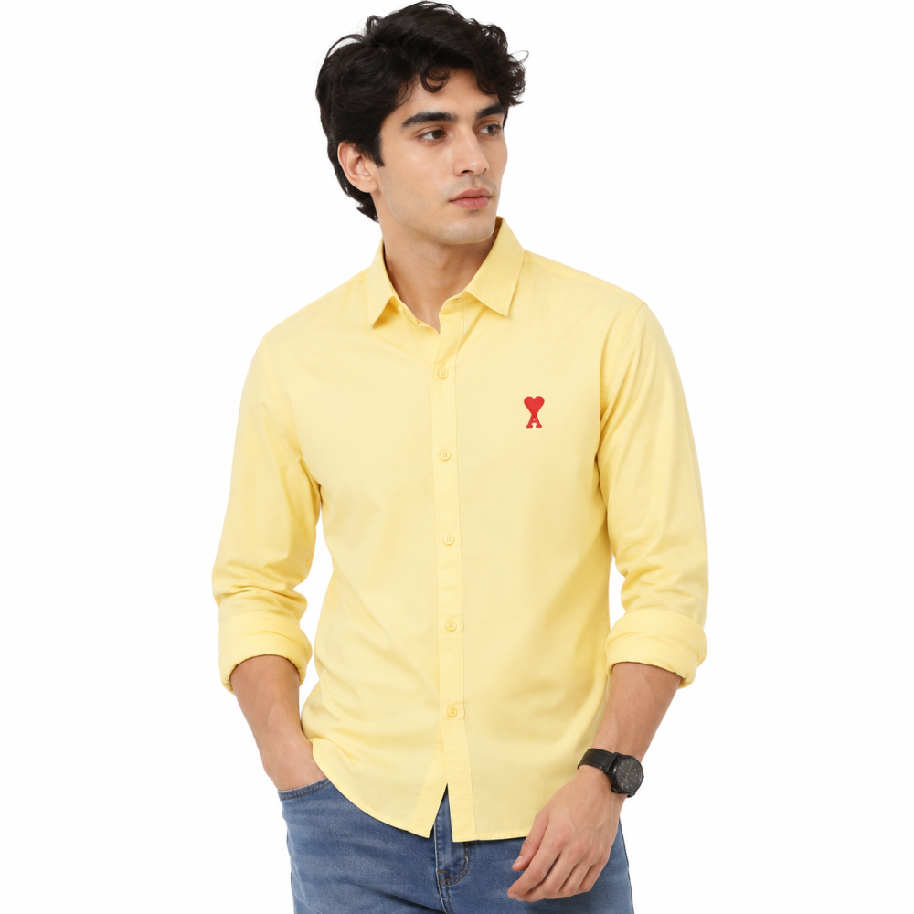 Yellow Ami Paris Heart Logo Purple Striped Shirt