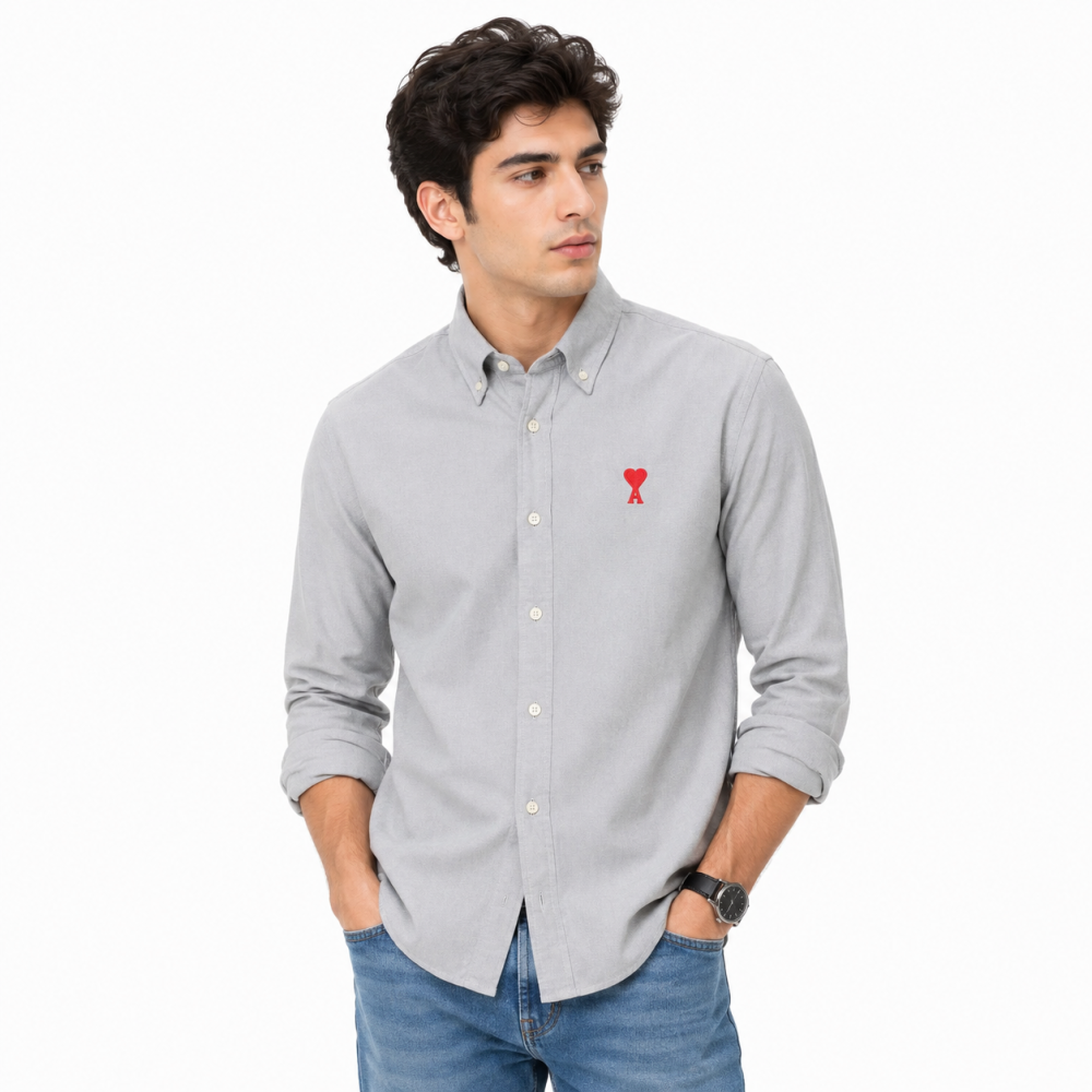 Grey Ami Paris Heart Logo Purple Striped Shirt