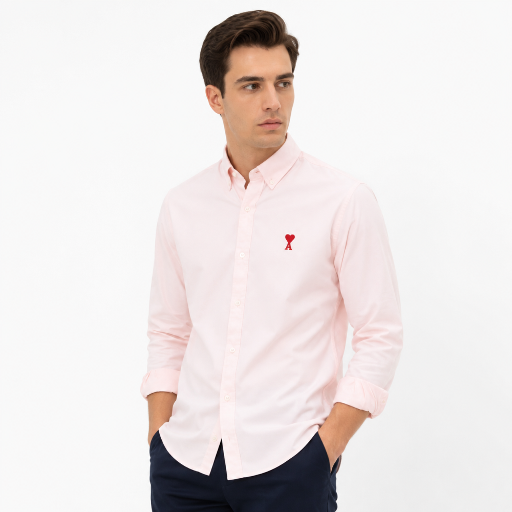 Ami Paris Heart Logo Pink Striped Shirt