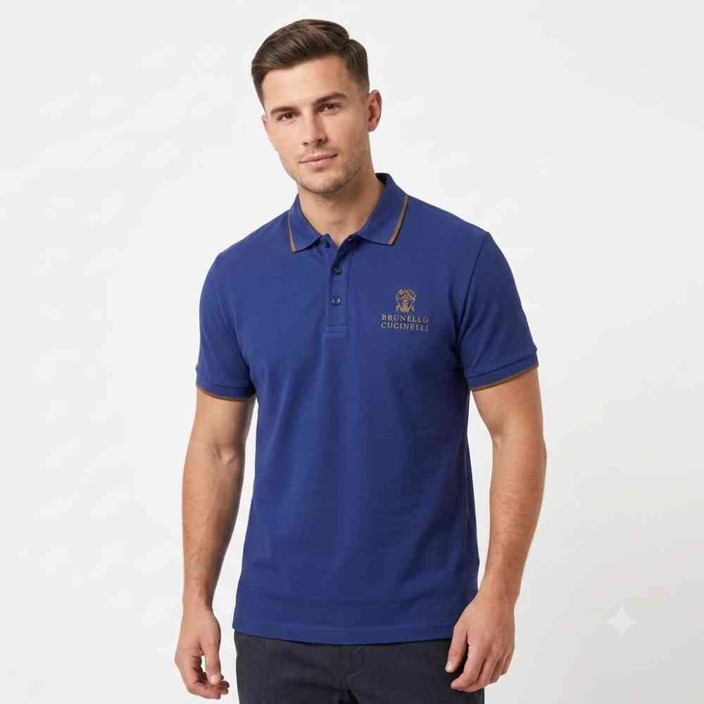Brunello Cucinelli Blue Embroidery Premium Polo T-shirt