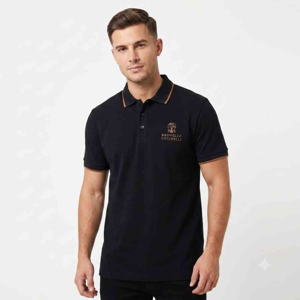 Brunello Cucinelli Black Embroidery Premium Polo T-shirt
