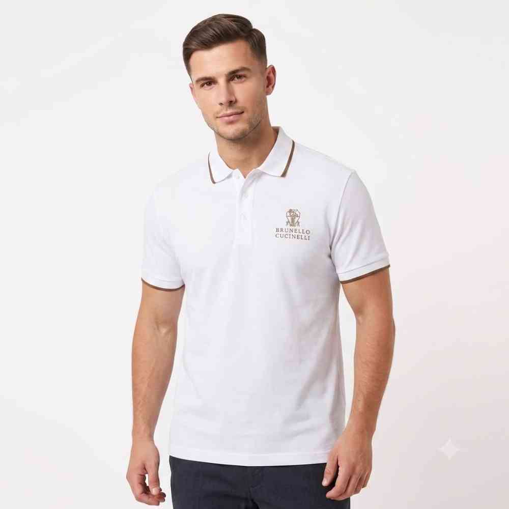 Brunello Cucinelli White Embroidery Premium Polo T-shirt