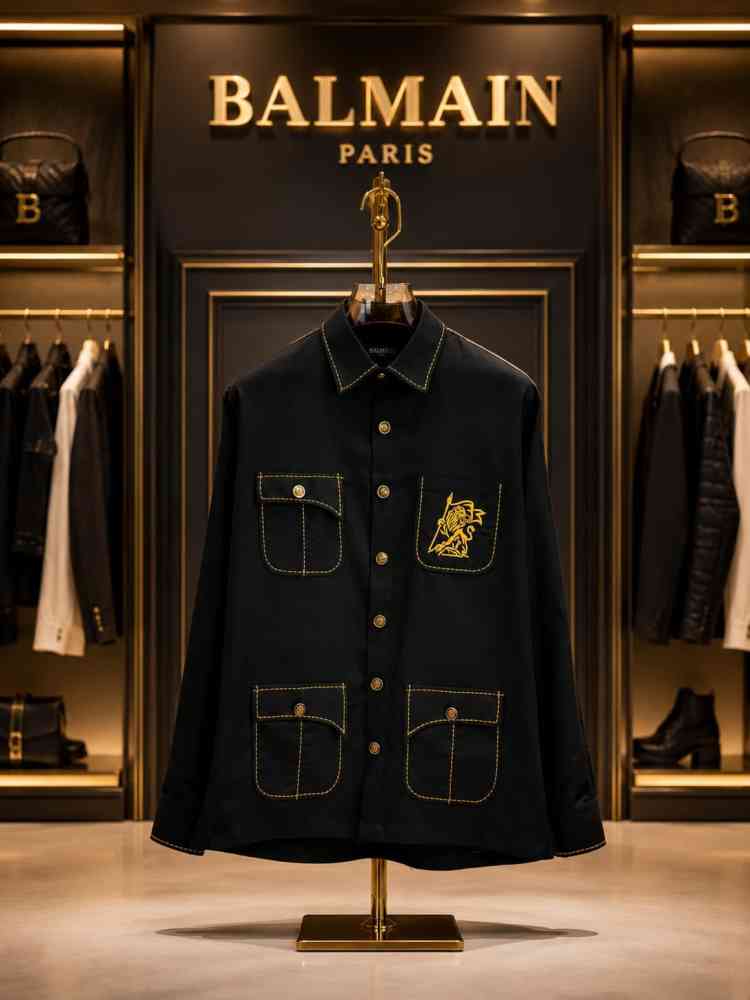 Balmain Embroidered Hunting Black Premium Cotton Shirt