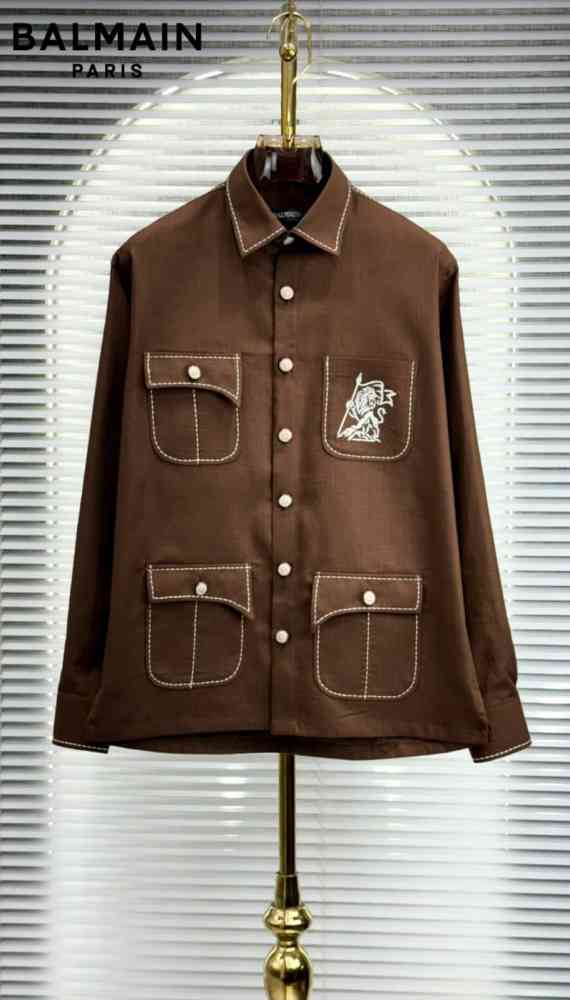 Balmain Embroidered Hunting Brown Premium Cotton Shirt