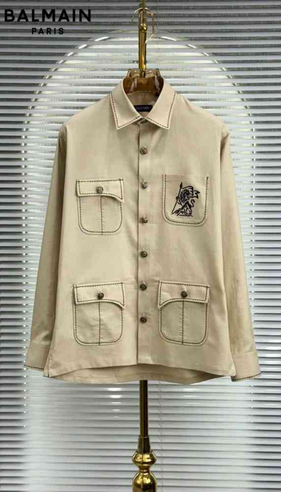 Cream Balmain Embroidered Hunting Beige Premium Cotton Shirt