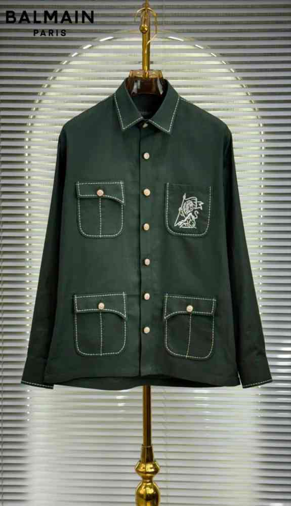 Green Balmain Embroidered Hunting Beige Premium Cotton Shirt