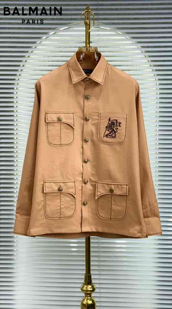 Balmain Embroidered Hunting Beige Premium Cotton Shirt