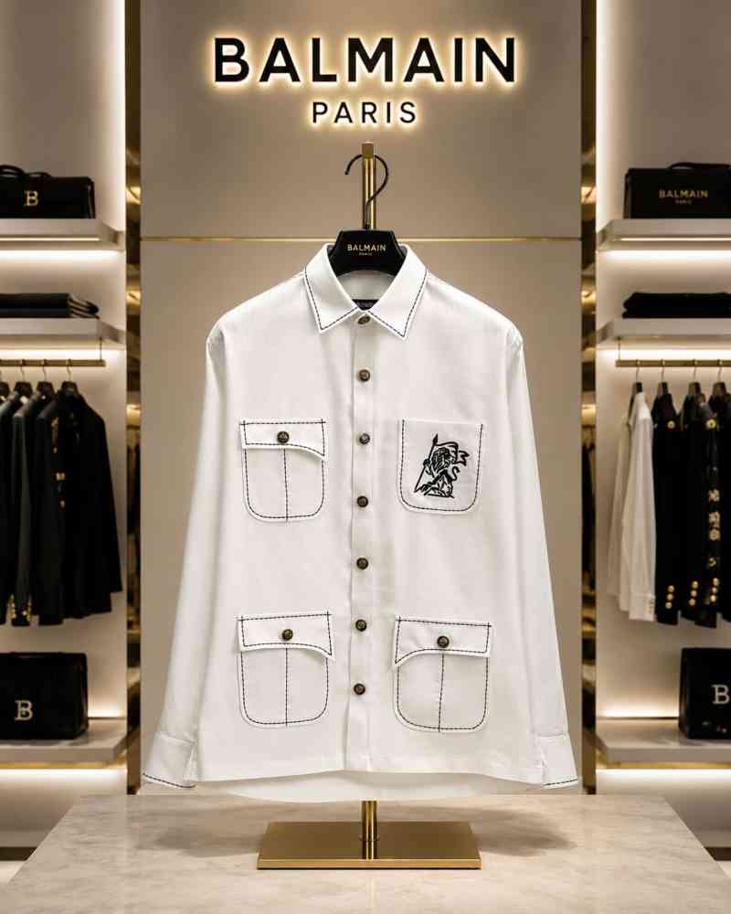 White Balmain Embroidered Hunting Beige Premium Cotton Shirt