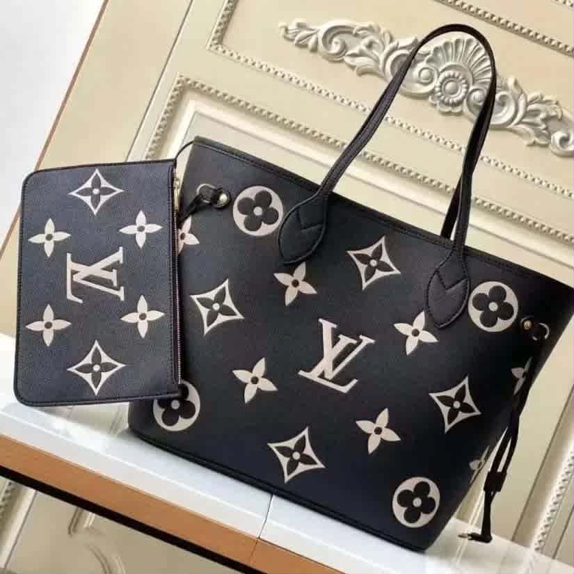 Black Louis Vuitton Neverfull MM Grey Tote Bag