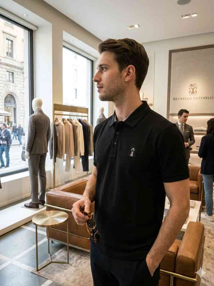 Brunello Cucinelli Black Embroidery Premium Polo T-shirt