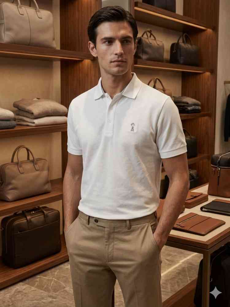 White Brunello Cucinelli Black Embroidery Premium Polo T-shirt