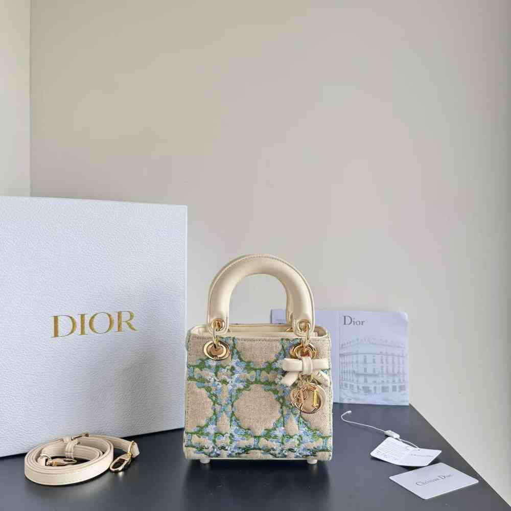 Cream Lady Dior Signature Dark Blue Handbag