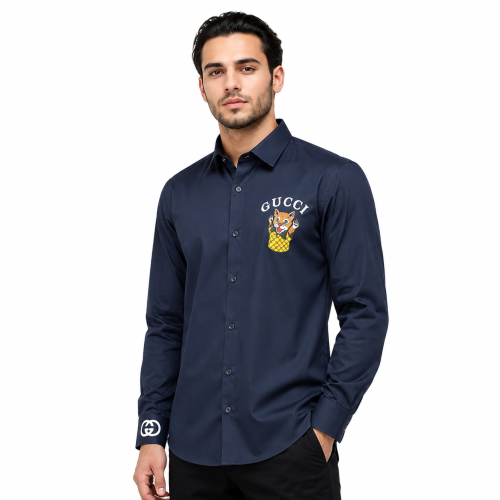 Navy Blue Gucci Cat Print White Premium Shirt