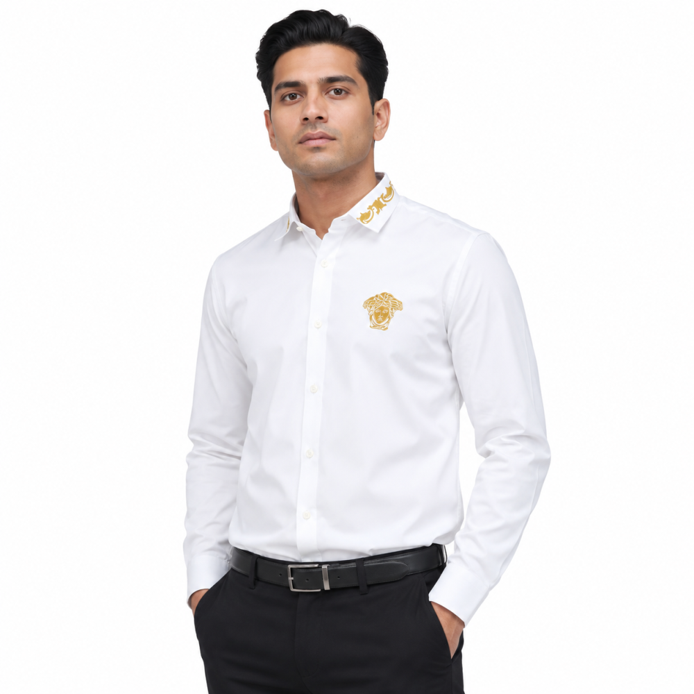 Versace Medusa Embroidered White Cotton Shirt
