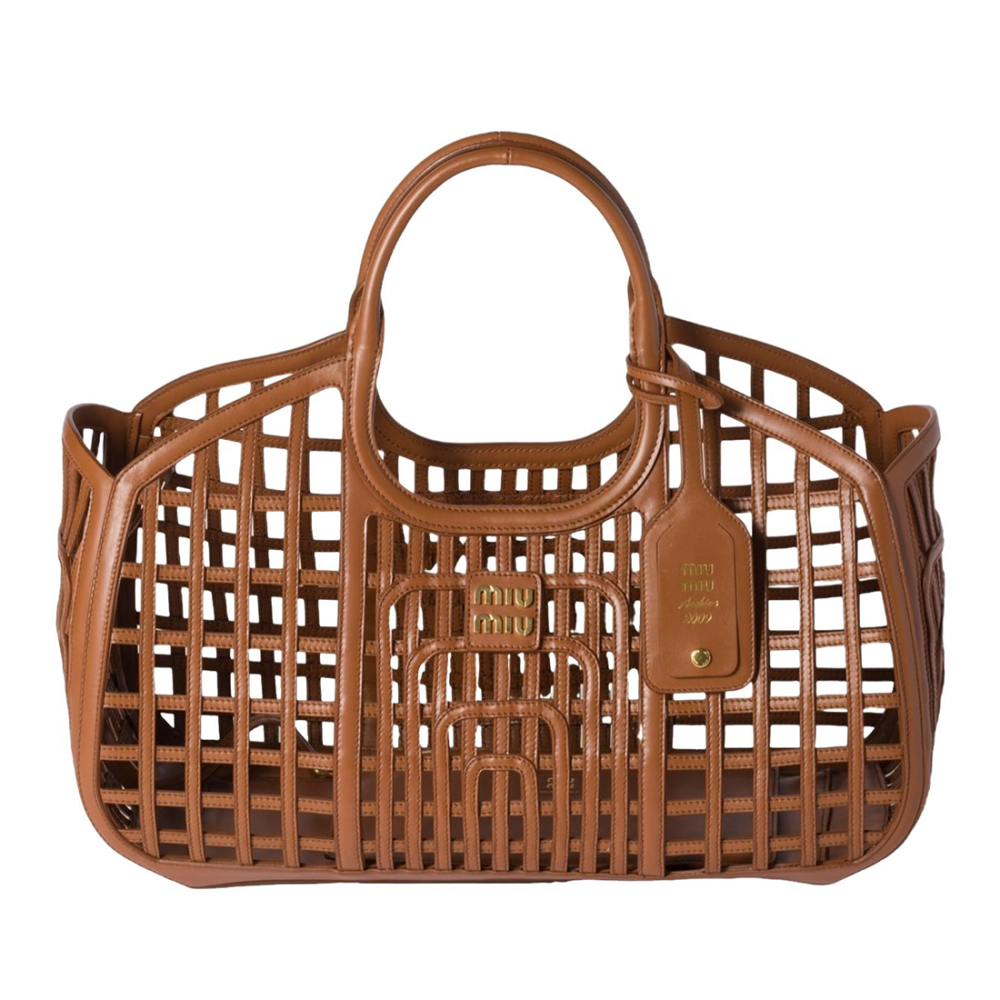 Brown Miu Miu Leather Trimmed Large White Basket Bag