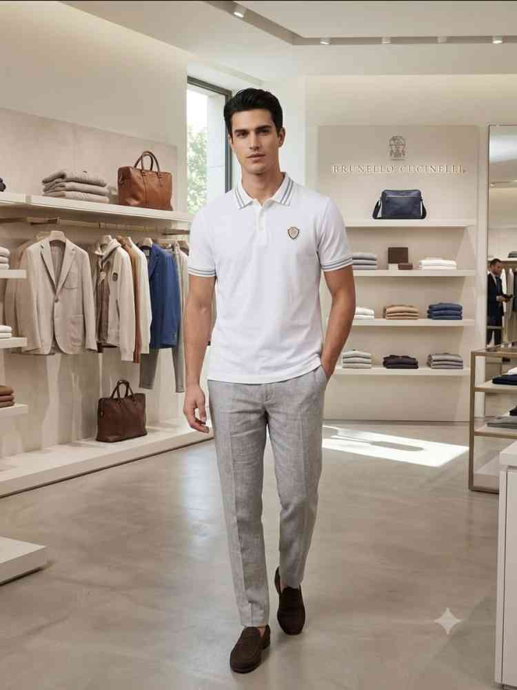 Brunello Cucinelli White Embroidery Premium Polo T-shirt
