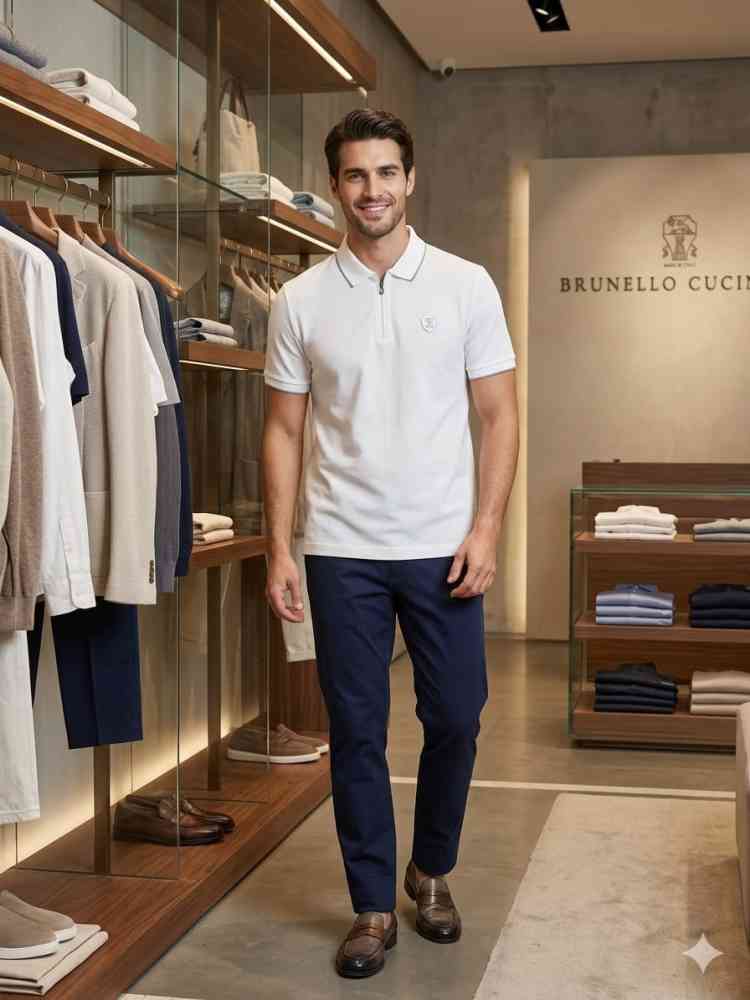 Brunello Cucinelli White Embroidery Premium Polo T-shirt