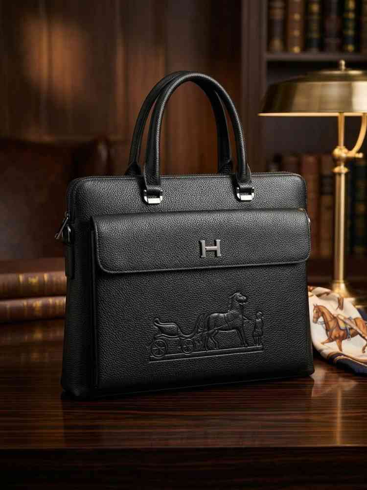 Black Hermès Grained Dark Brown Leather Laptop Briefcase