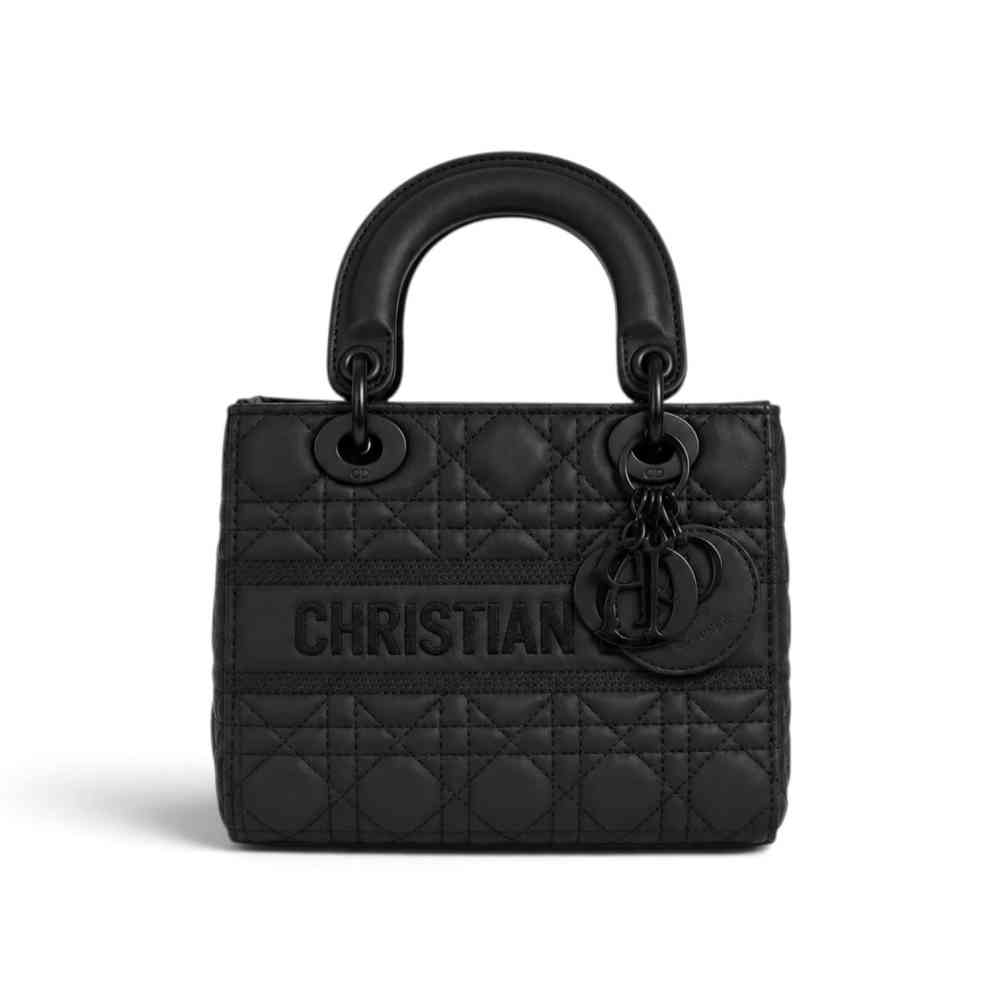 Black Lady Dior Signature Cream Studded Logo Handbag
