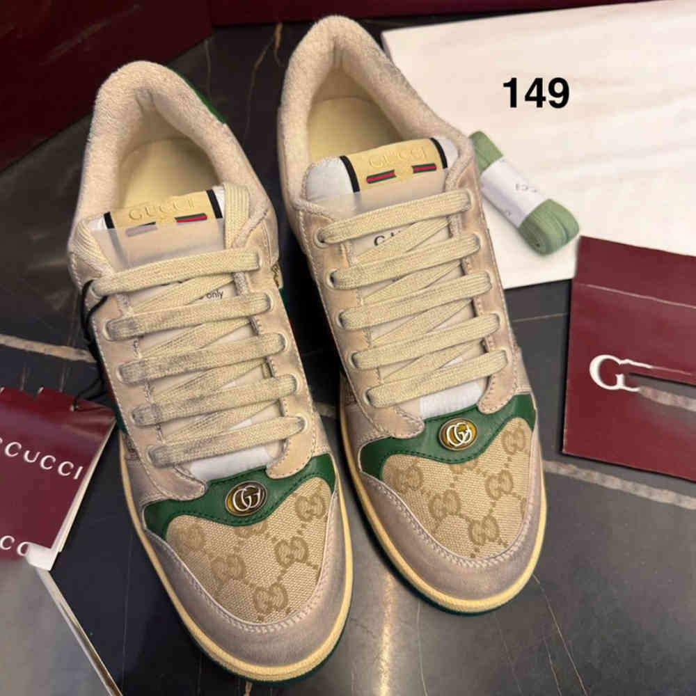 Beige Gucci Screener Leather Sneaker with Multicolor GG Fabric