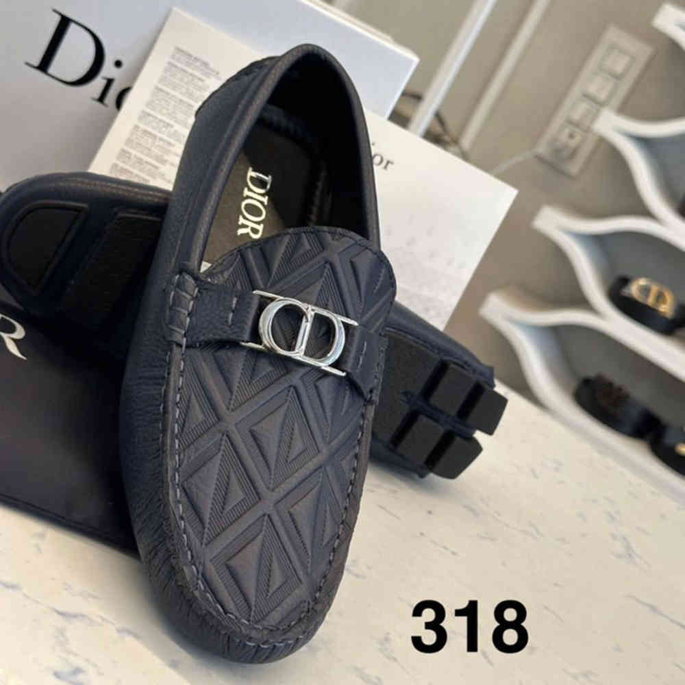 Navy Blue Dior Men's Black Grained Leather CD Diamond Loafers